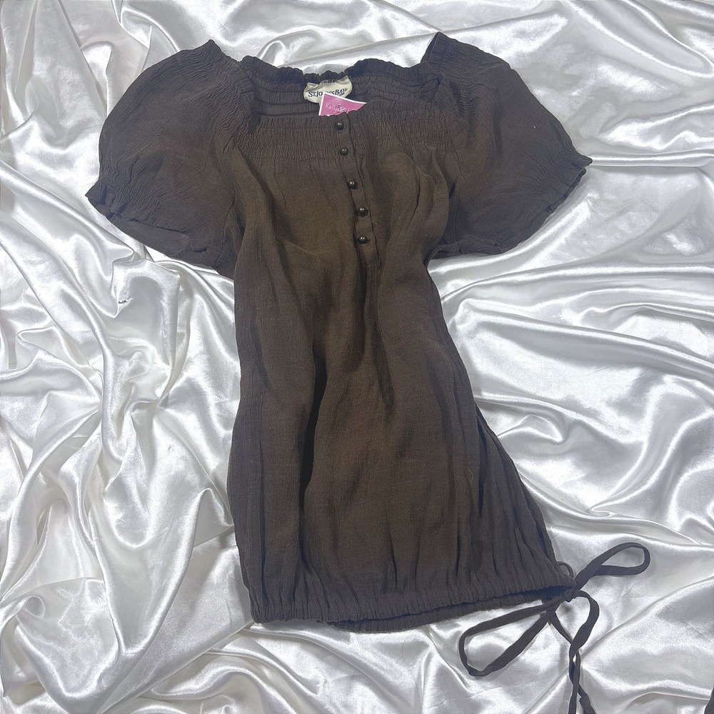 Vintage Blouse Brown Excellent St Johns Bay Smocked Peasant Top Puff Sleeve M